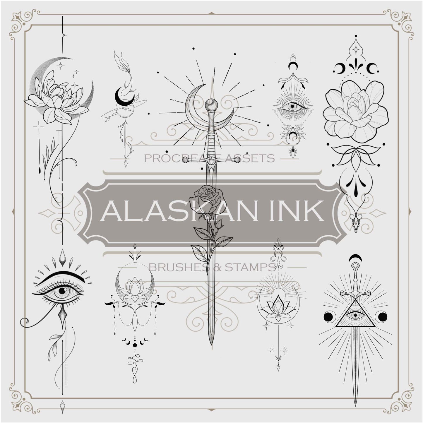 100 Minimalist Procreate Neo Traditional  Ornament Tattoo Brush by Alaskan ink