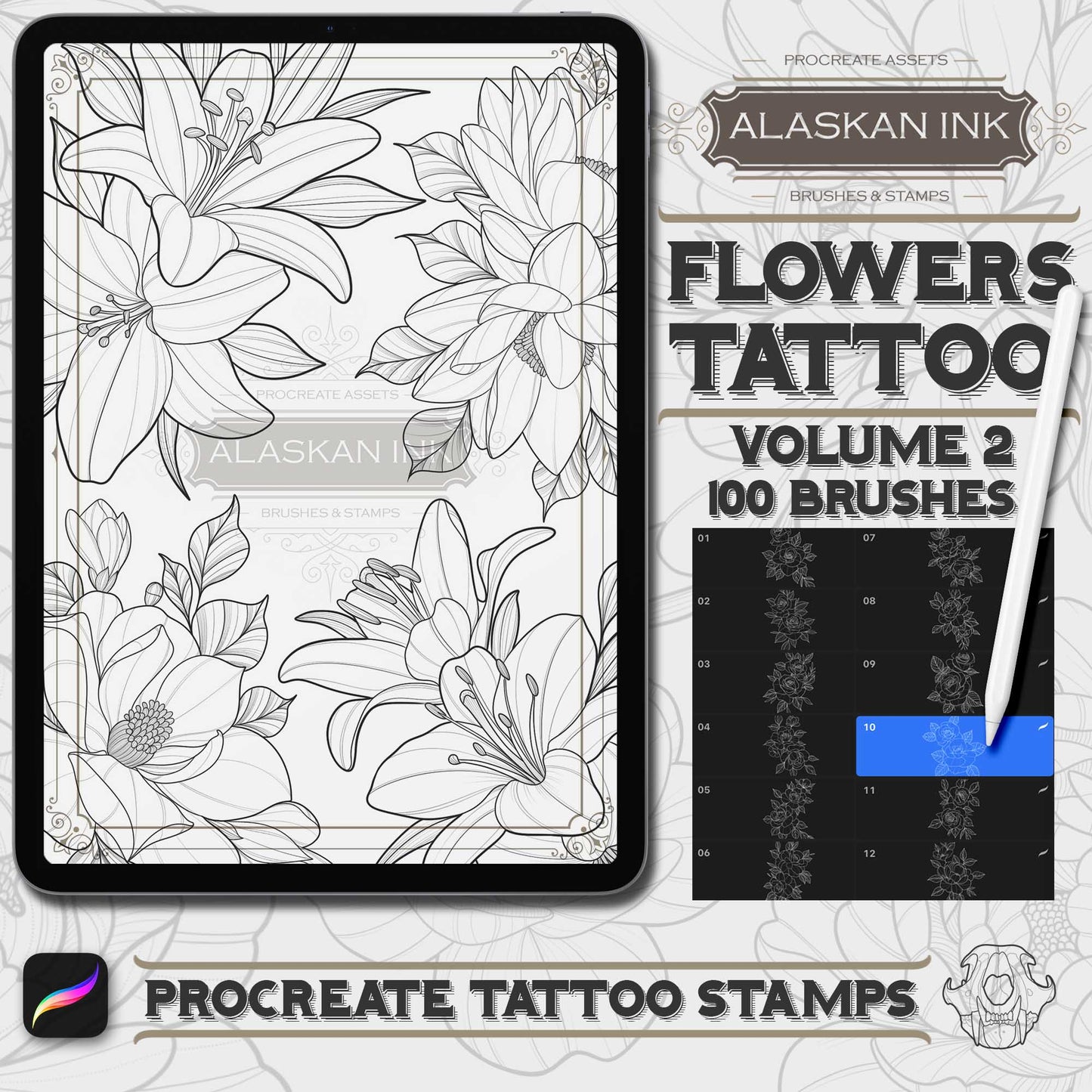 100 Flowers Tattoo Procreate Brushes for iPad and iPad pro by Alaskan ink studio