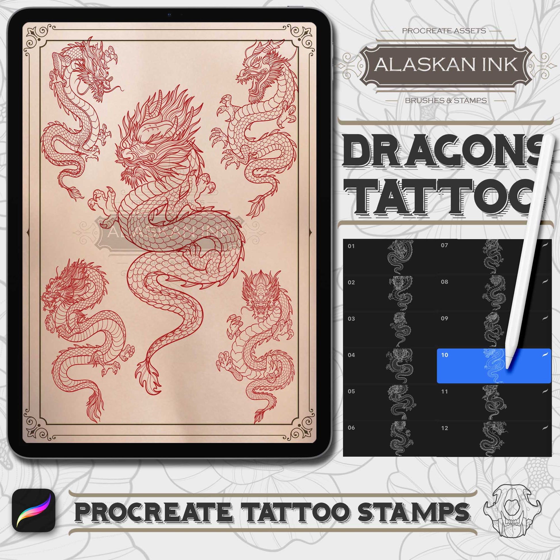20 Dragon Tattoo Brushes & Stamps Volume 1 for Procreate application compatible with iPad and iPad pro
