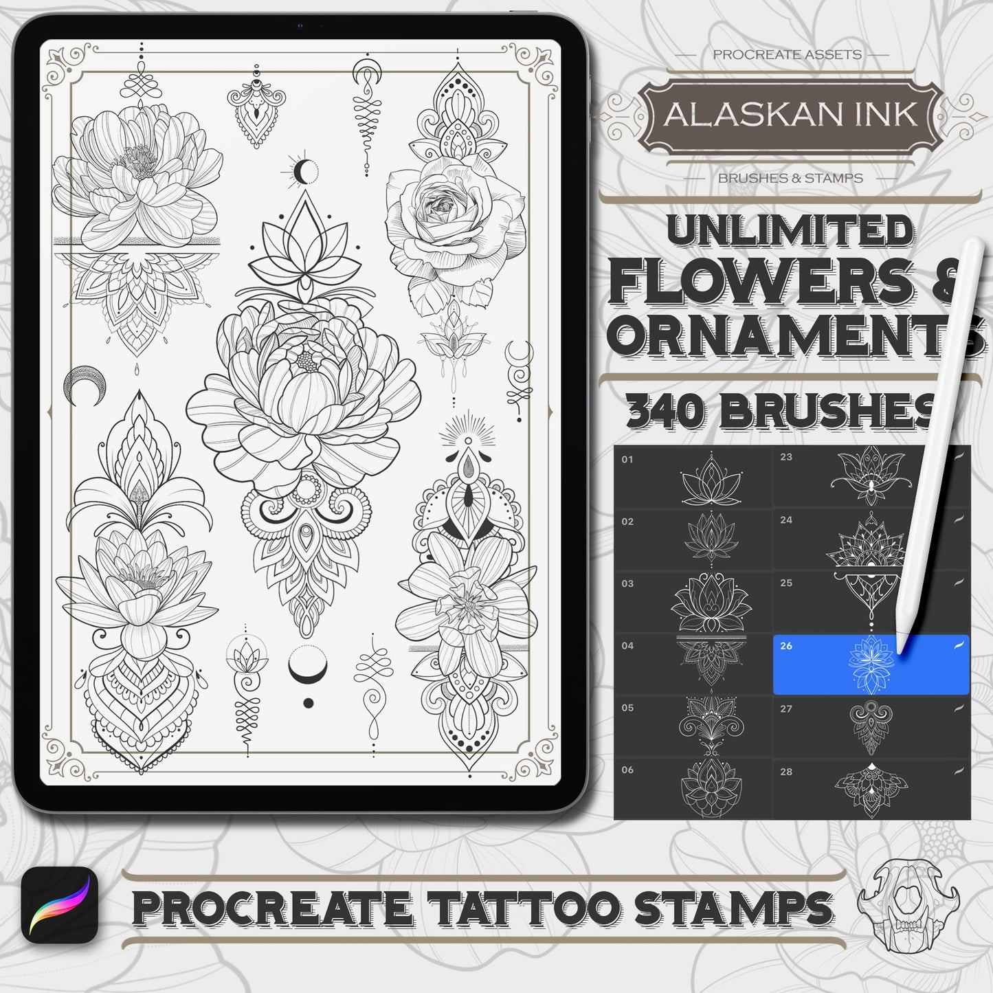 340 Flowers and Ornaments Tattoo Brushes for Procreate app compatible with iPad and iPad pro by Alaskan Ink Studio ink