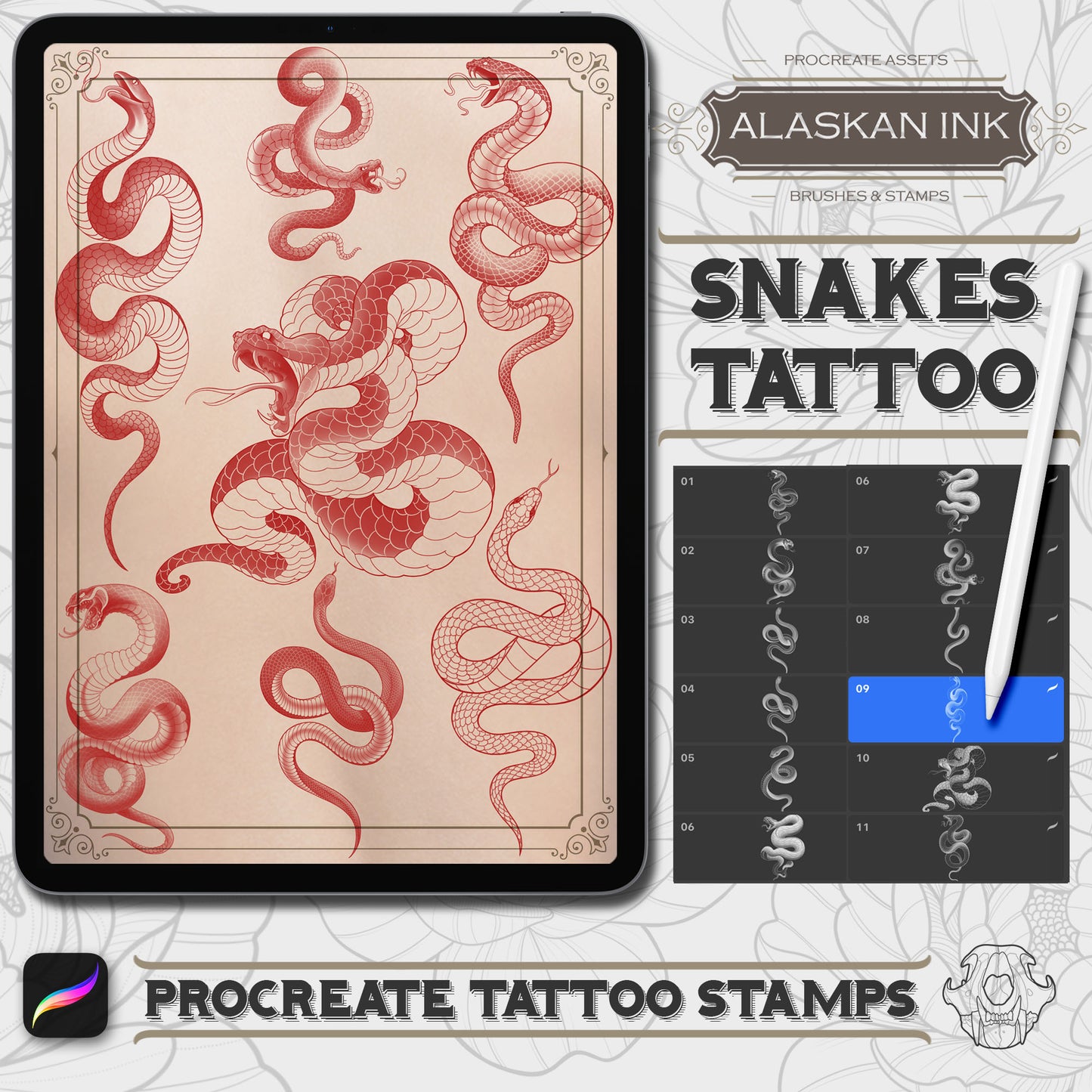 61 Snakes Procreate Tattoo Brushes compatible for iPad and iPad pro by Alaskan ink studio