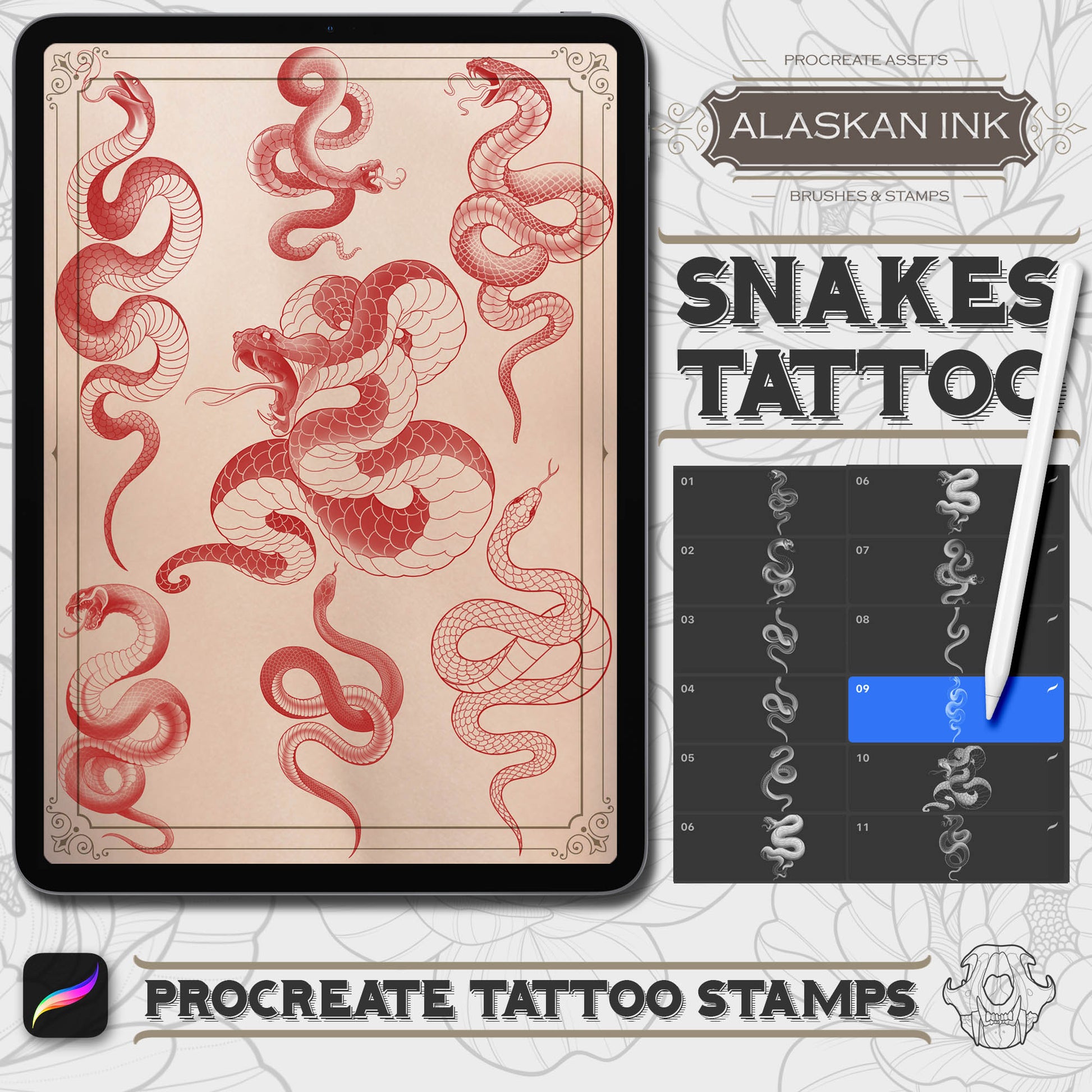 61 Snakes Tattoo Brushes & Stamps Volume 1 for Procreate application