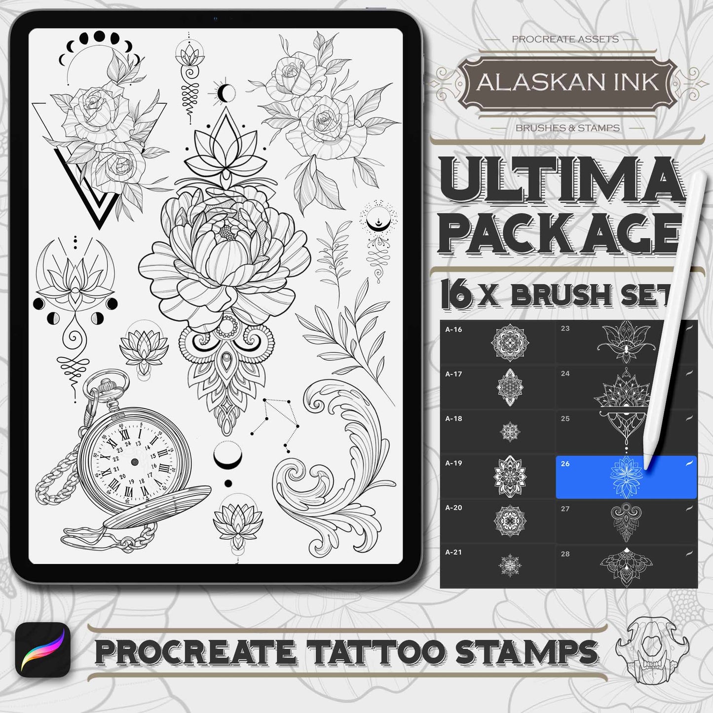 16 Tattoo Procreate BrushSets in the Ultima Pack Volume 1 for iPad and iPad pro