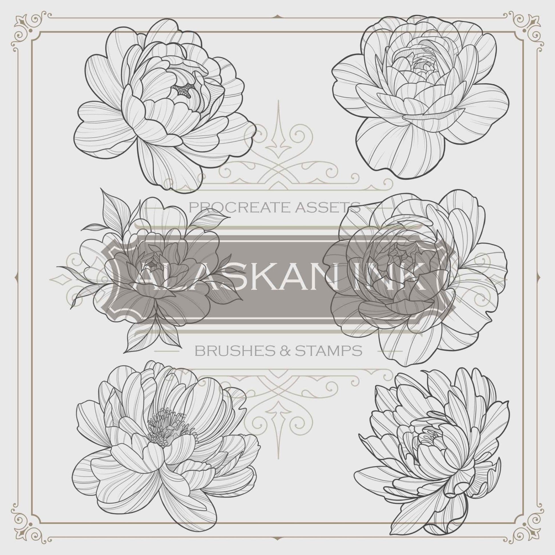 30 Peonies Tattoo Brushes for Procreate Application created by Alaskan ink