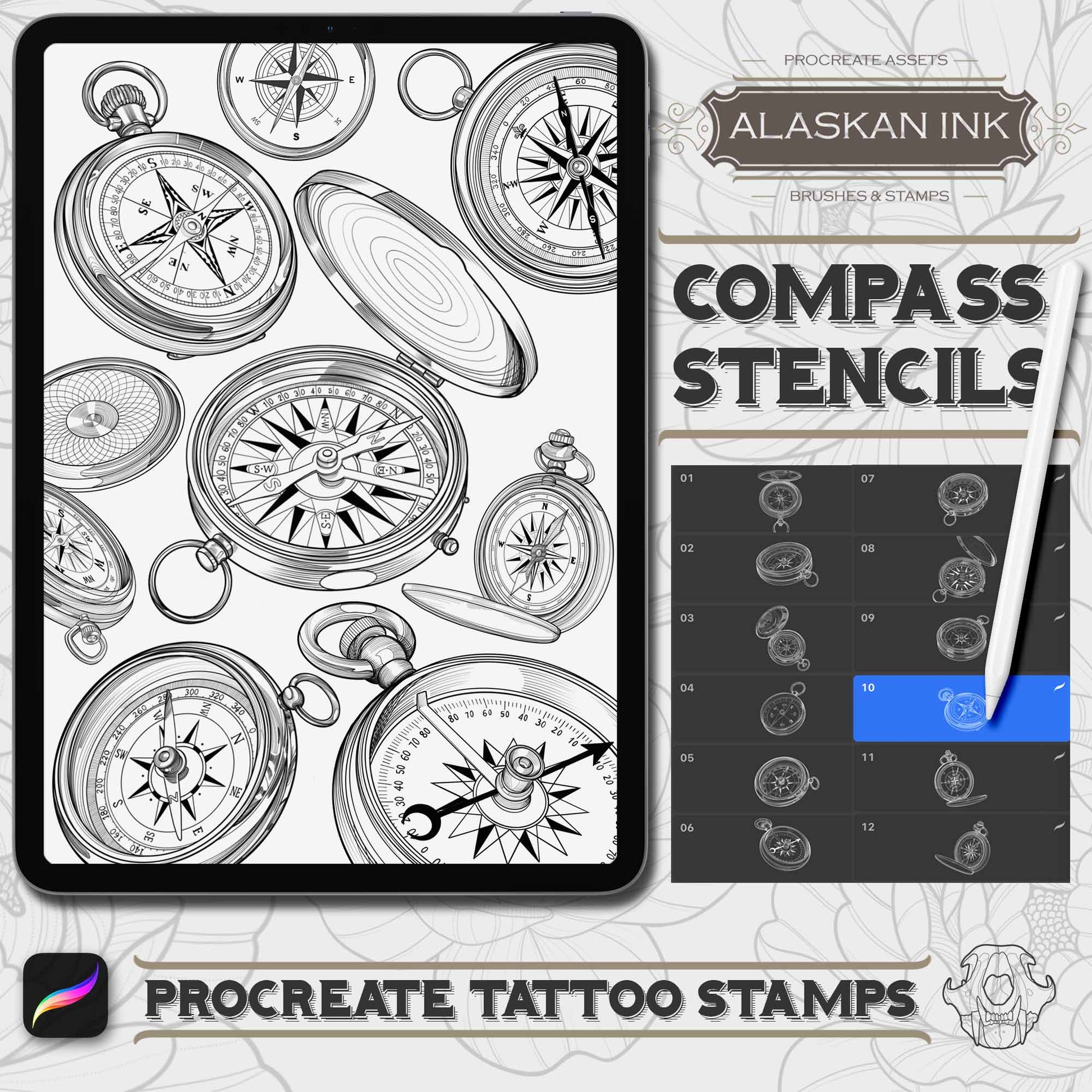 30 original compass tattoo brushes for Procreate application
