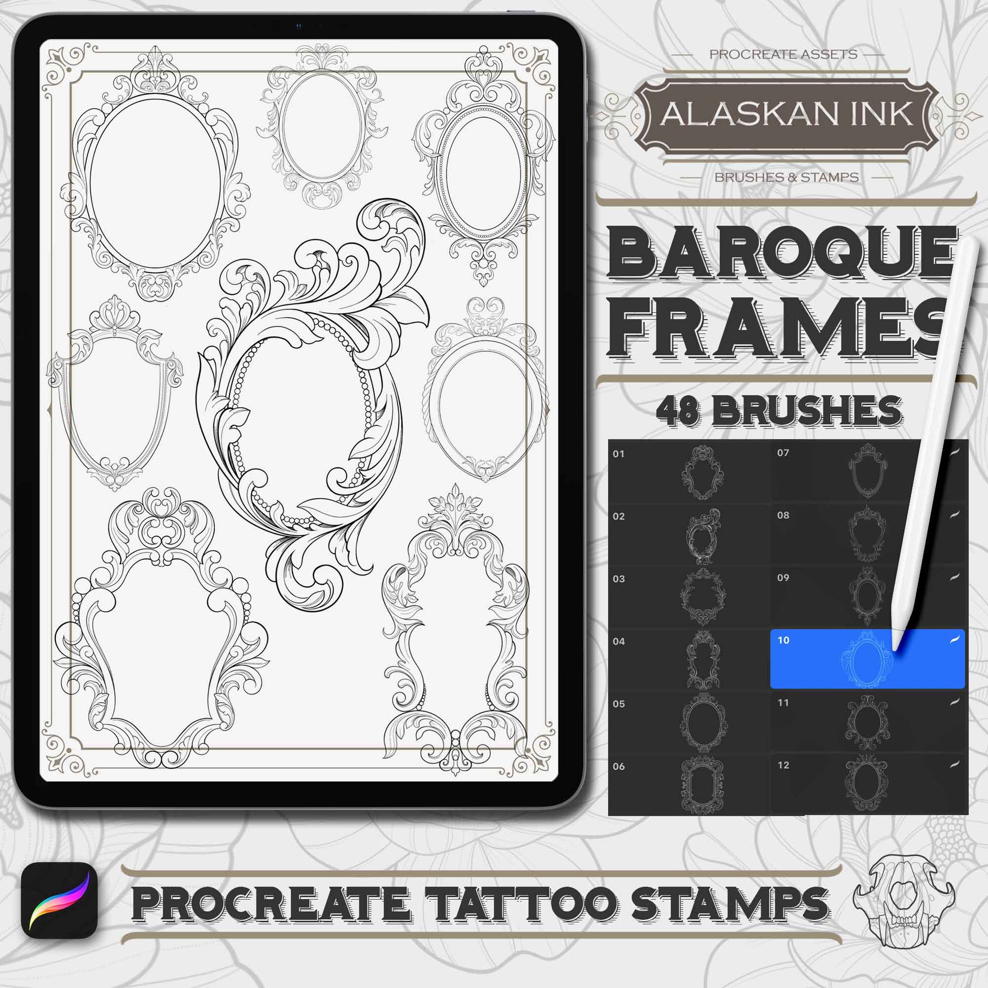 48 Baroque Frames Procreate Tattoo Brushes compatible with iPad and iPad pro by Alaskan ink studio