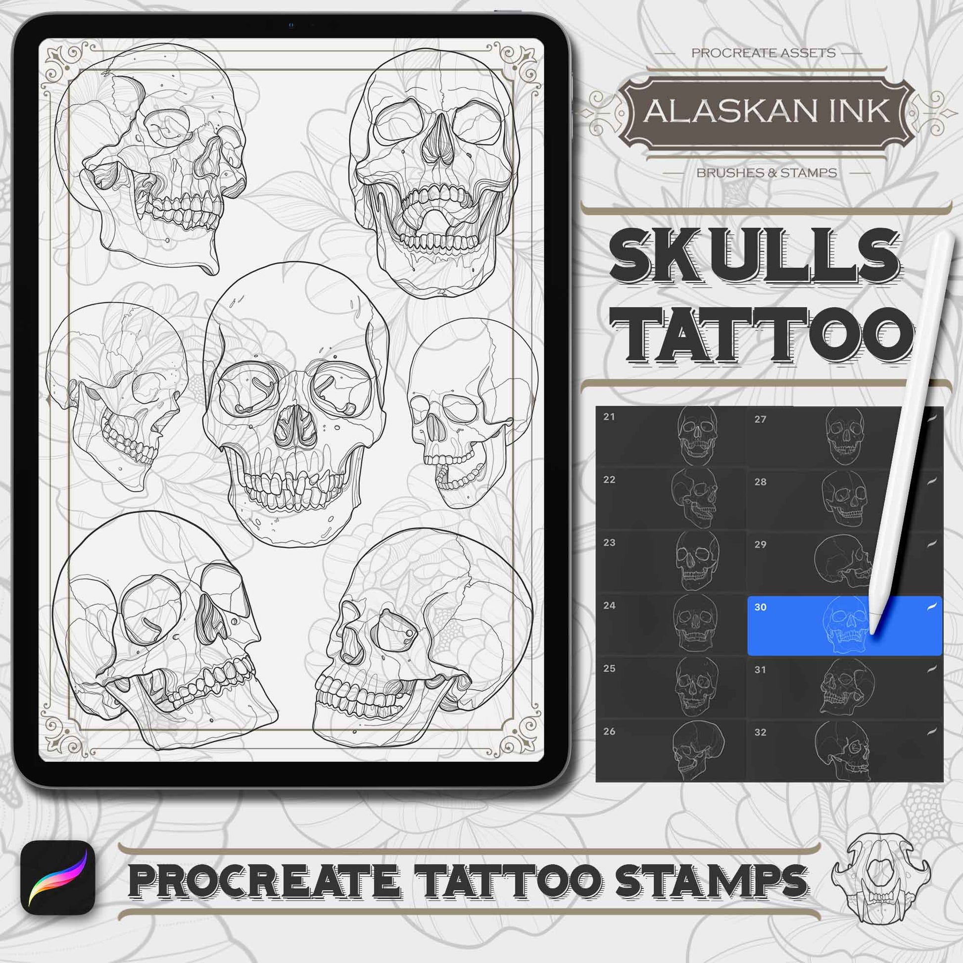 50 Skulls Tattoo Procreate bruhses for iPad and iPad pro by Alaskan Ink Studio
