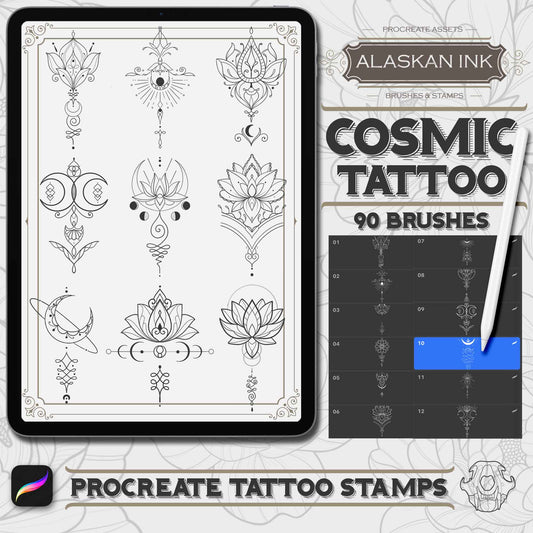 90 Cosmic Tattoo Ornament Procreate Brushes compatible with iPad and iPad pro by Alaskan ink studio