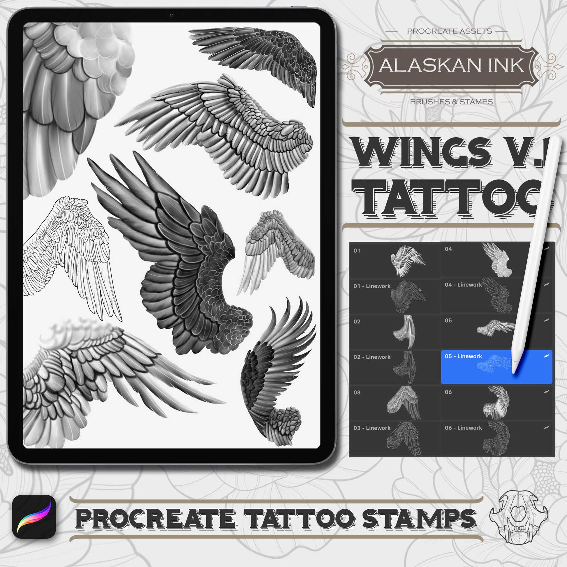 35 Wings Tattoo Brushes for Procreate application on iPad pro and iPad 