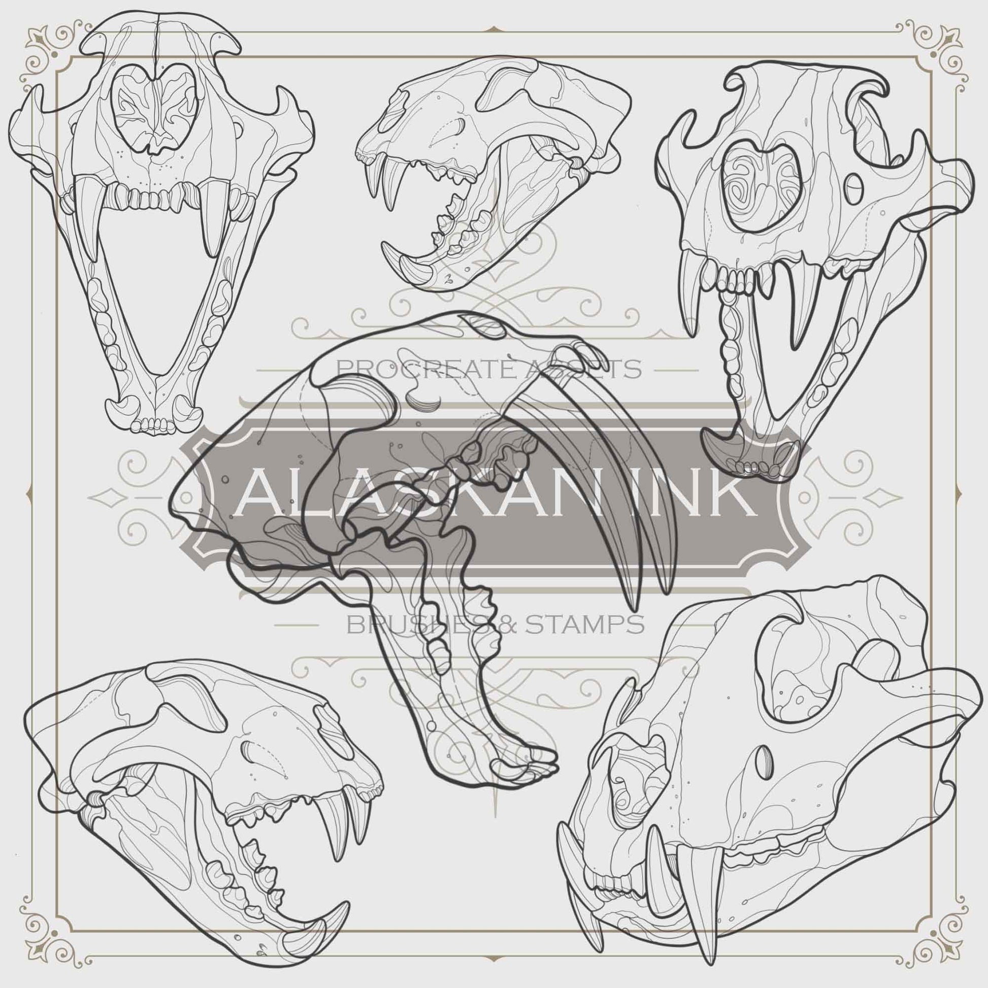 40 Animal Skulls Tattoo Brushes & Stamps for Procreate application created by Alaskan ink