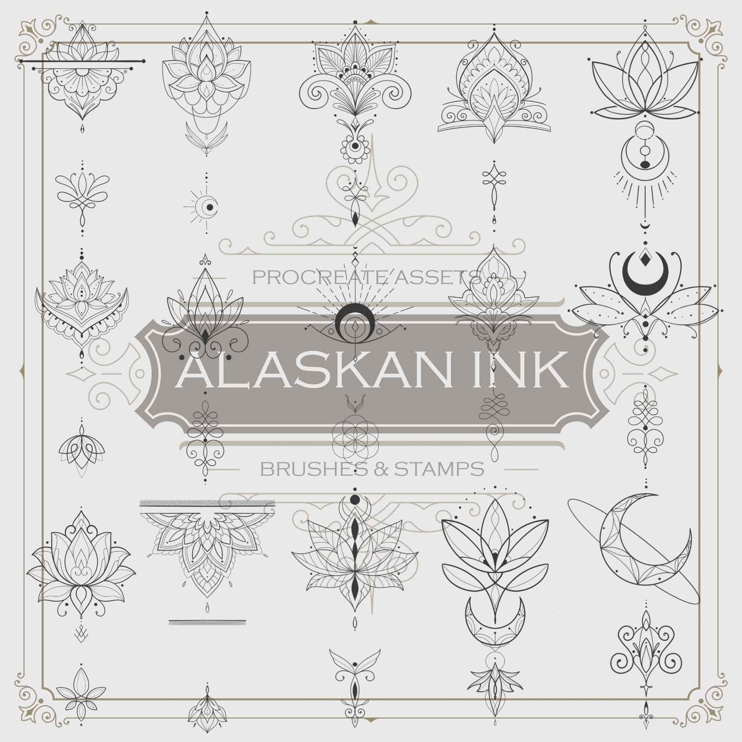 90 Cosmic Tattoo Ornament Brushes and Stamps for Procreate application created by Alaskan ink