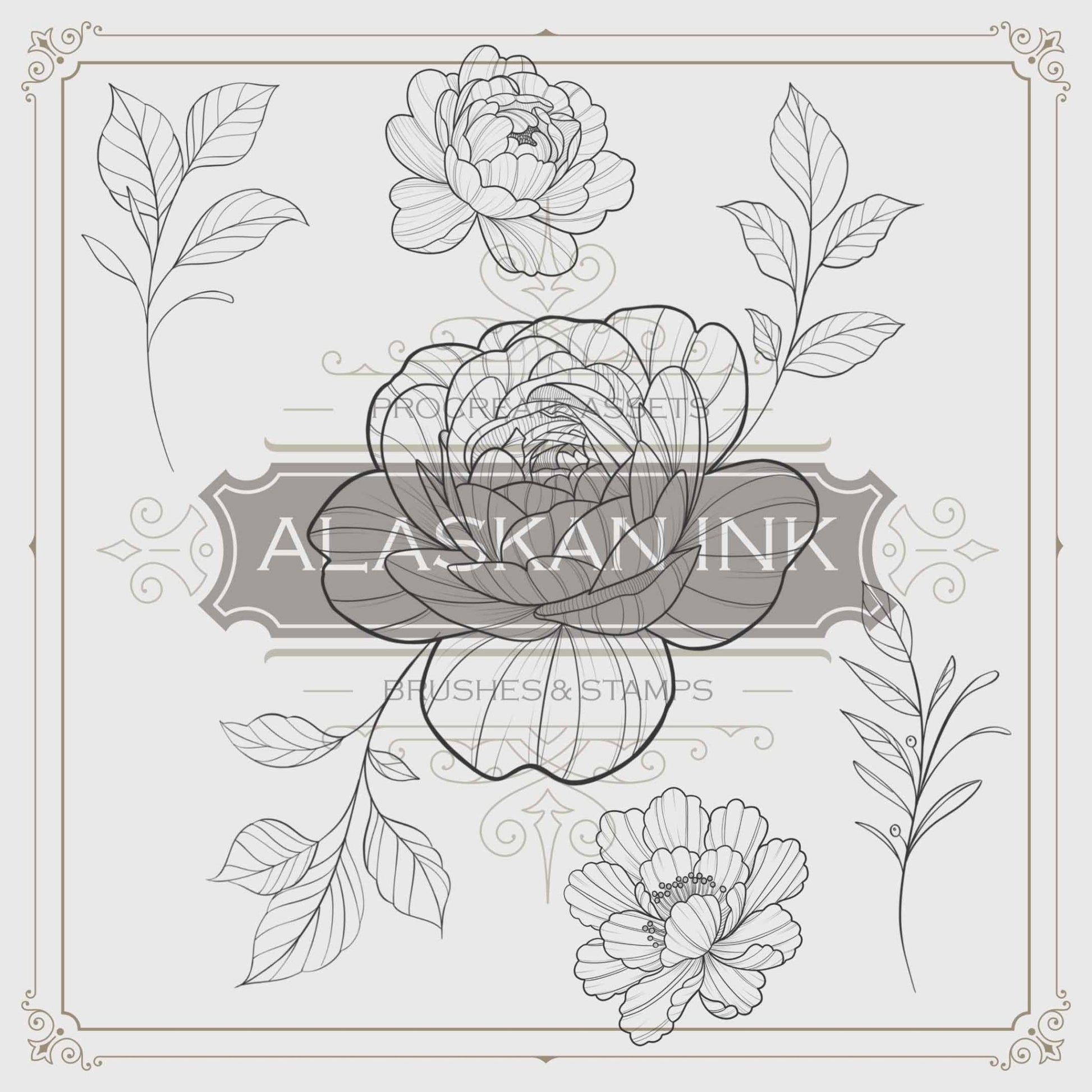 400 Flowers Tattoo Brushes for Procreate application created by Alaskan ink studio