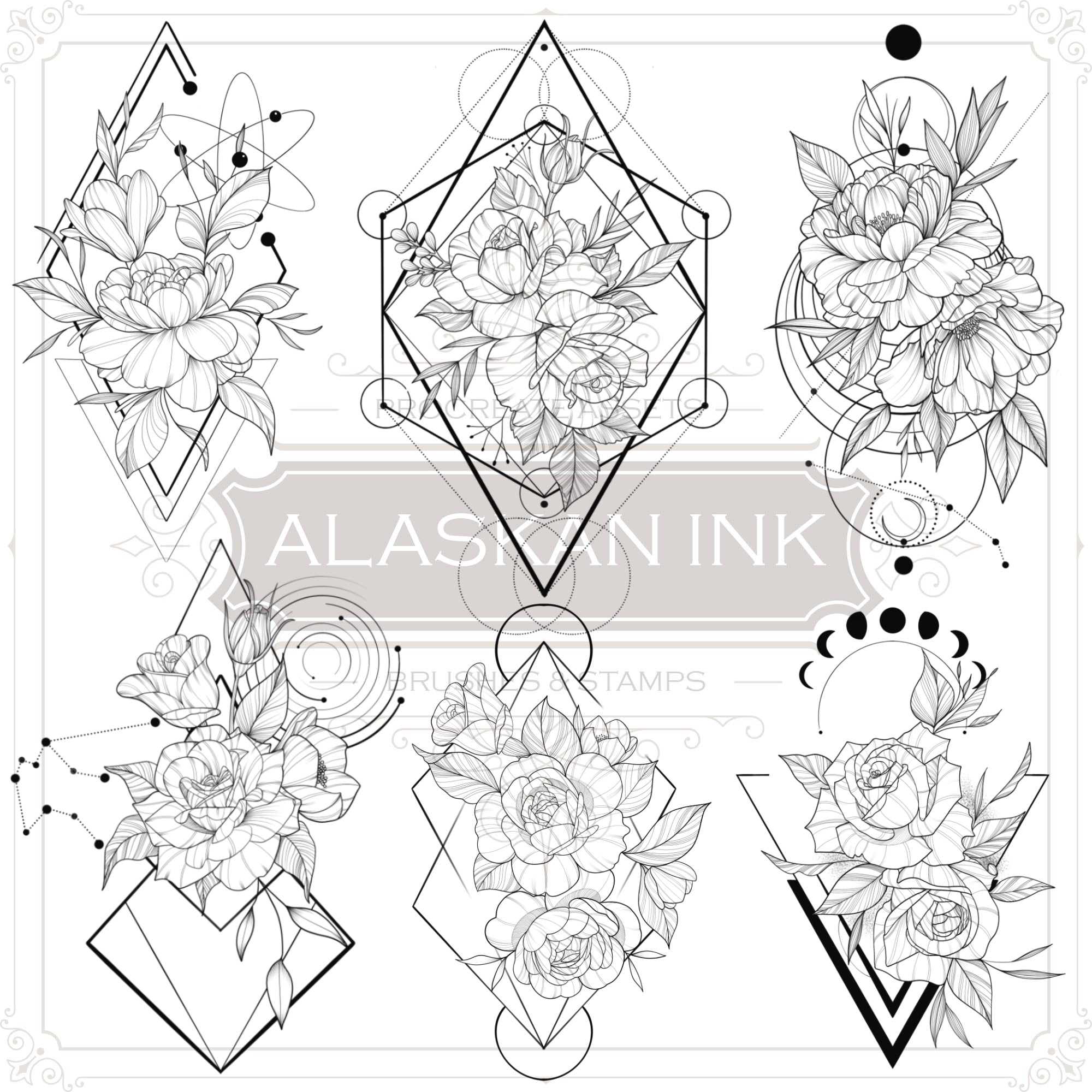 5 geometric flowers line work tattoo design – TattooDesignStock