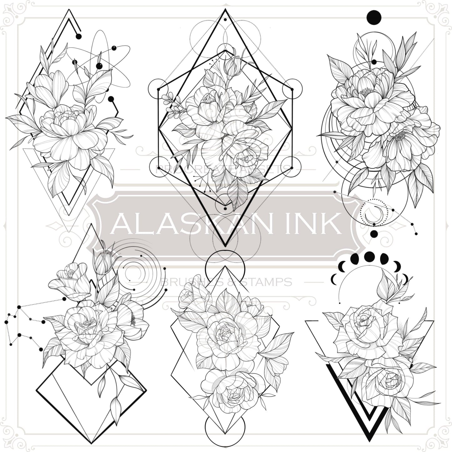 98 Geometric Flowers and Constellations Tattoo Procreate Brushes for Procreate application