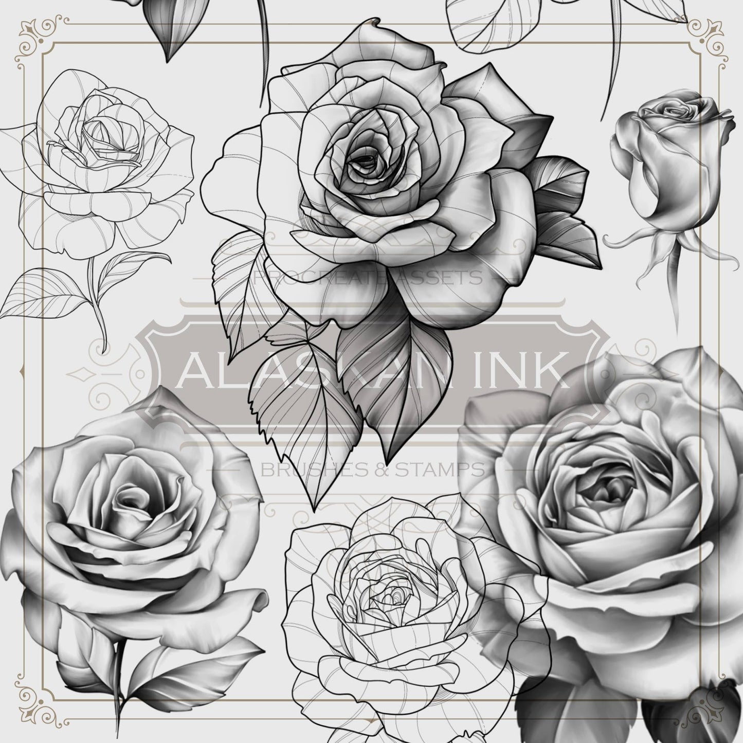 200 Roses Tattoo Bruses & Stamps Volume 1 for Procreate application