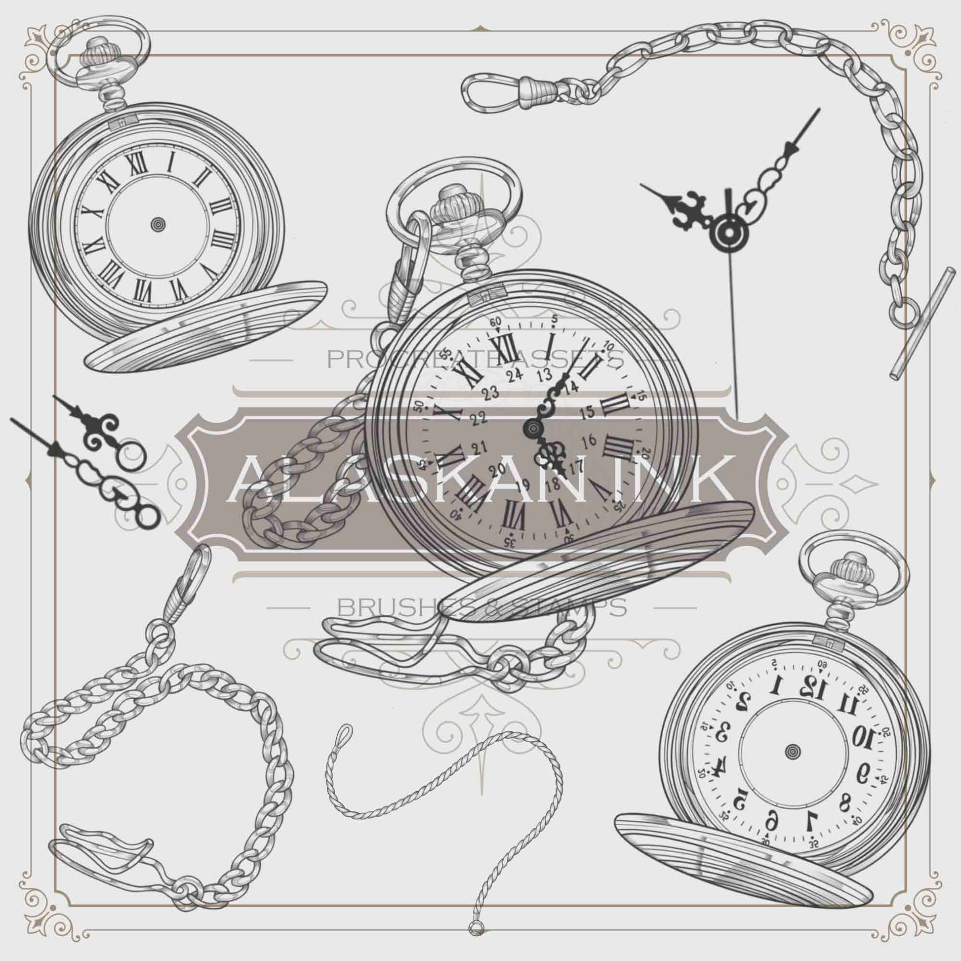 50 Pocket Watch Tattoo Brushes for Procreate application iPad and iPAd pro created by Tattoo Artists 